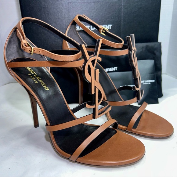 SAINT LAURENT CASSANDRA 100 SANDAL METAL YSL LOGO BROWN LEATHER SZ 39.5 NEW! - Picture 8 of 16